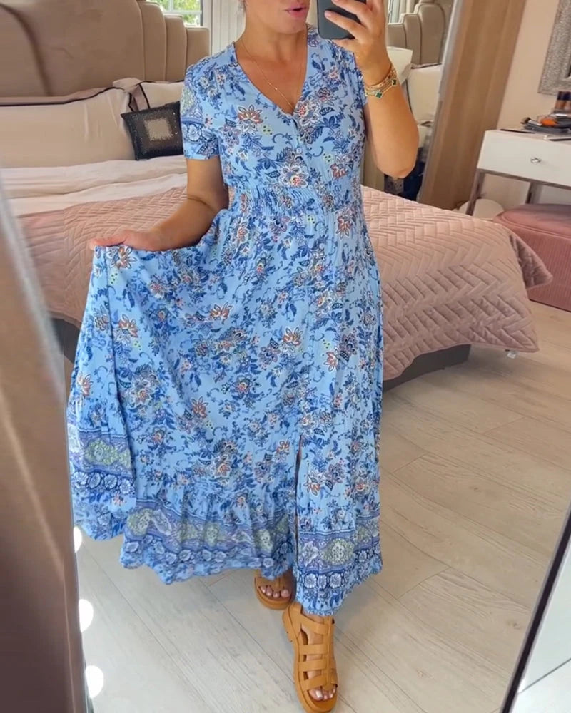 👗 Rochie cu imprimeu floral și decolteu ascuțit