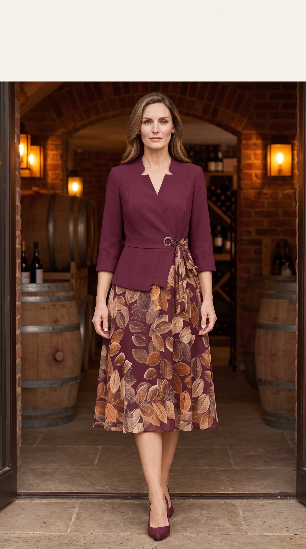 Compleu de Damă Visiniu cu Fustă cu Imprimeu Floral și Sacou 👗