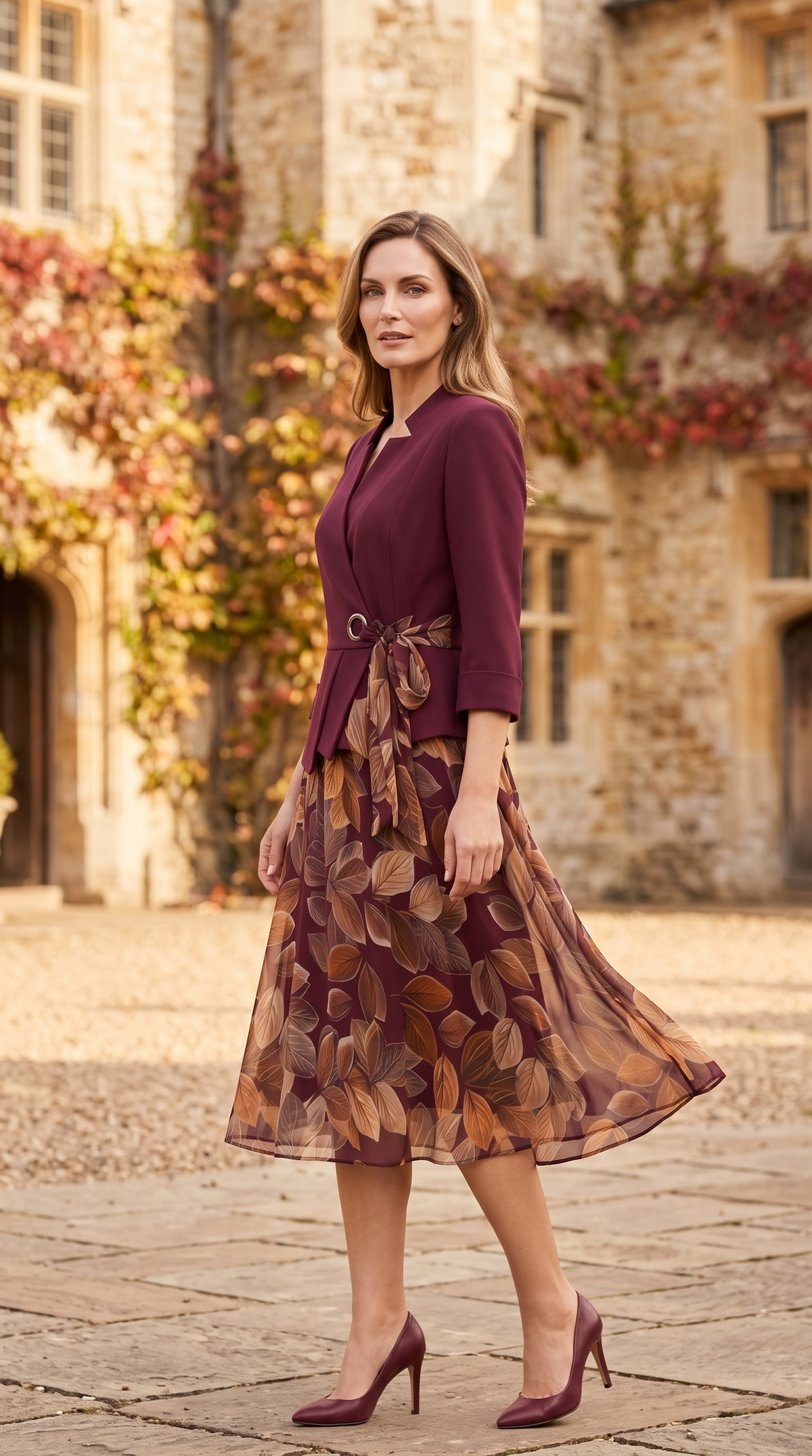 Compleu de Damă Visiniu cu Fustă cu Imprimeu Floral și Sacou 👗