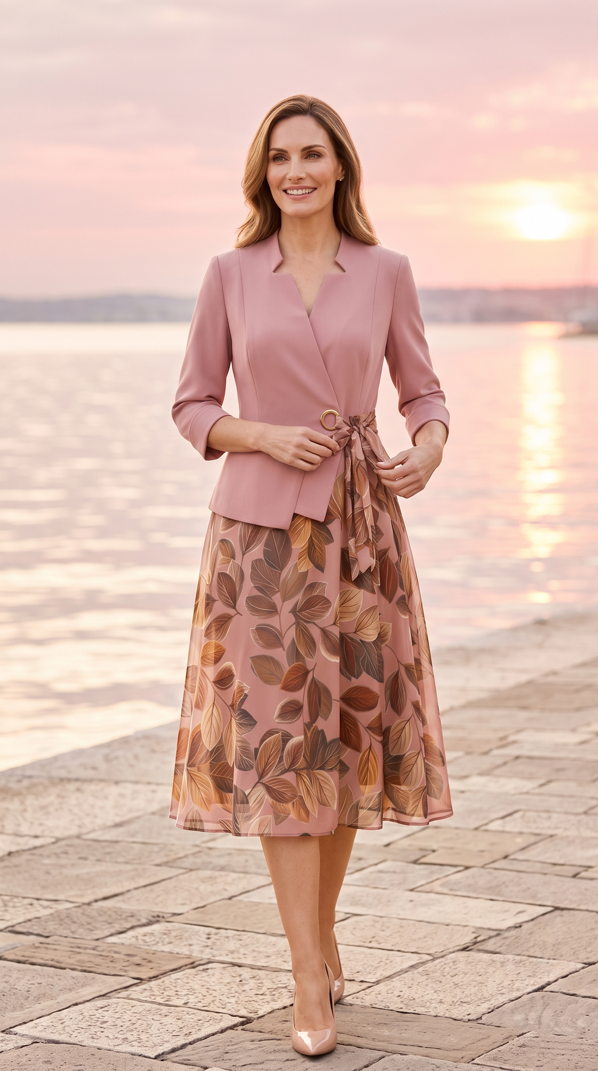 Compleu Elegant Roz cu Fustă Florală și Sacou