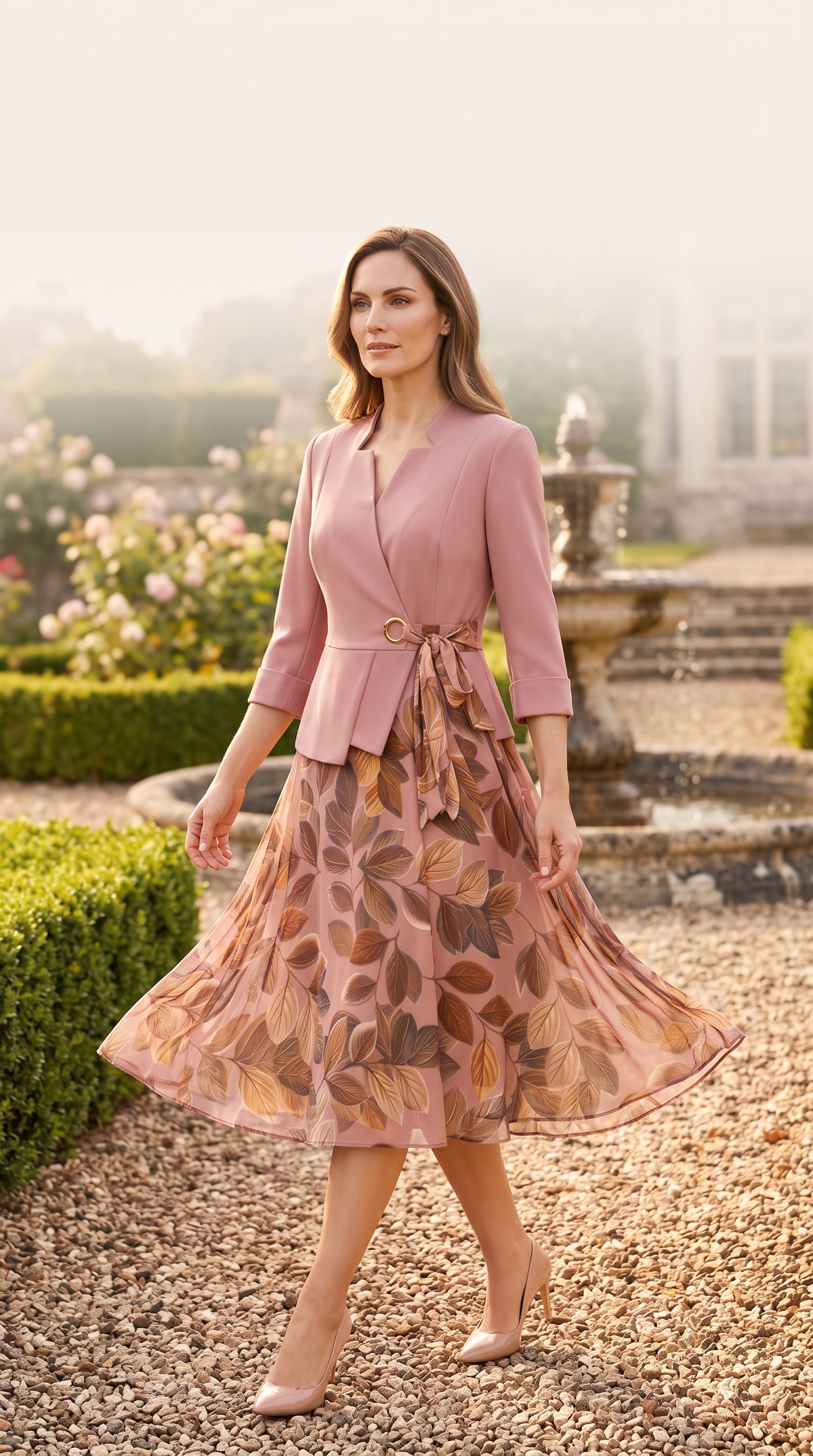 Compleu Elegant Roz cu Fustă Florală și Sacou