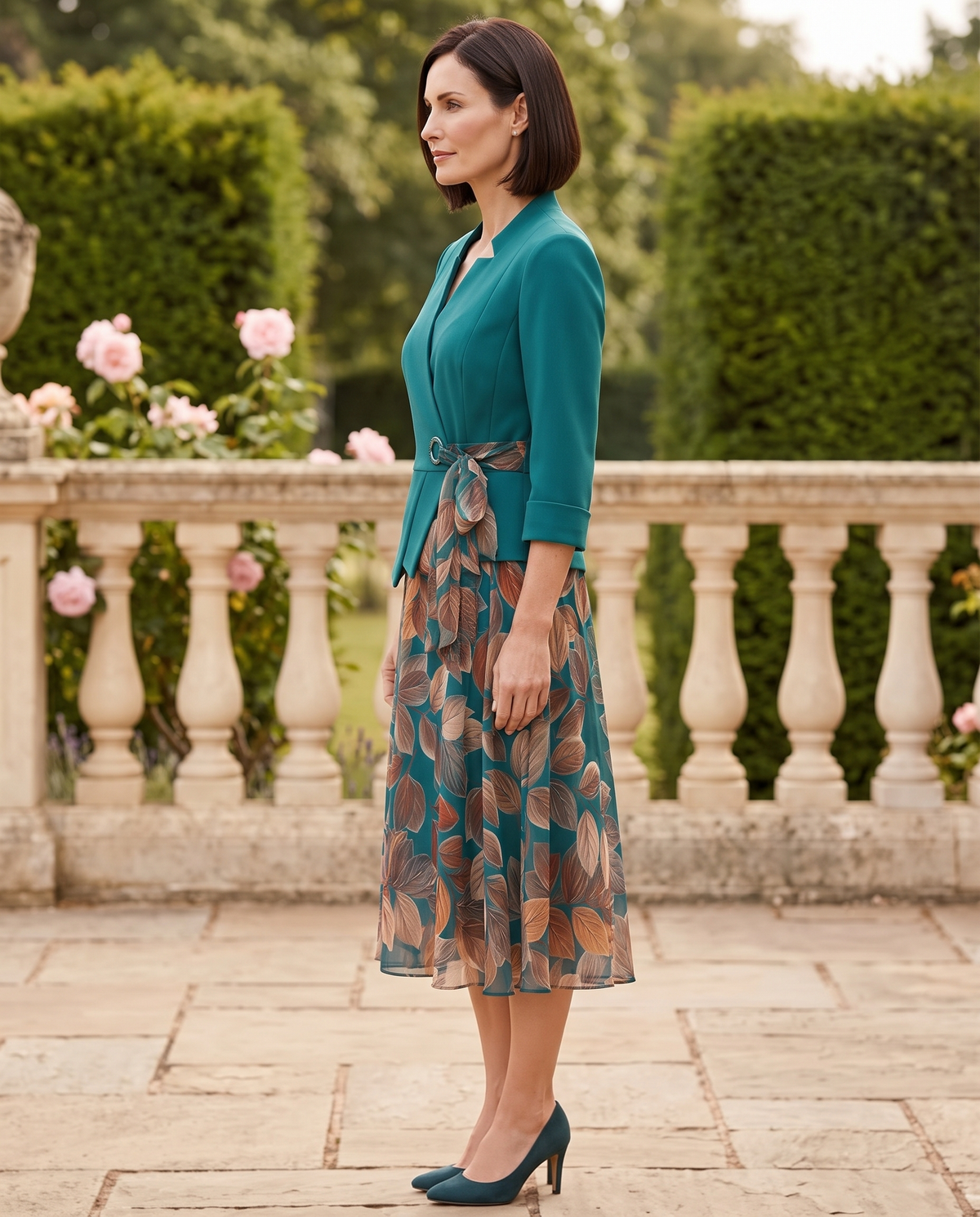 Compleu Turcoaz cu Fustă Florală si Sacou pentru Doamne 👗