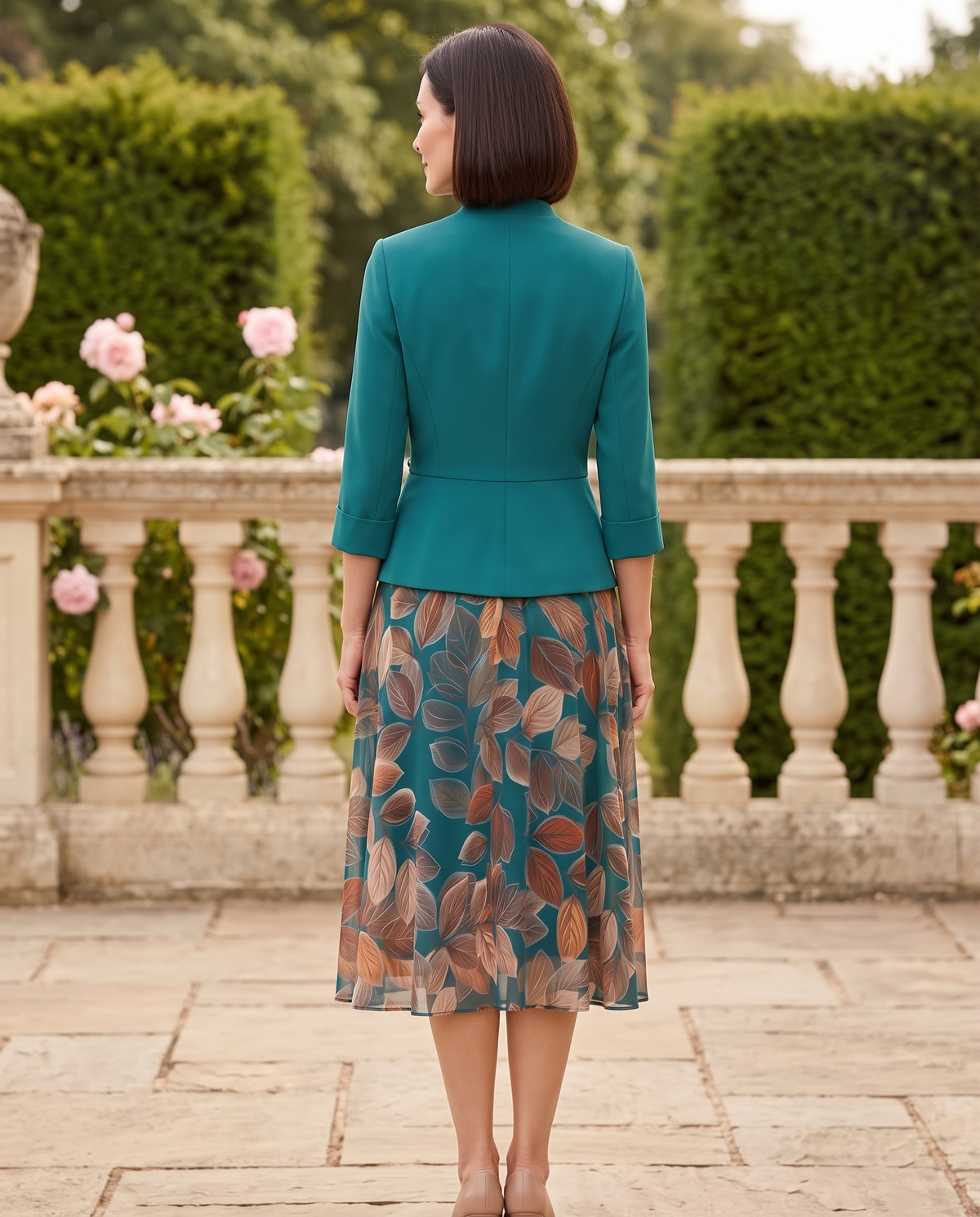 Compleu Turcoaz cu Fustă Florală si Sacou pentru Doamne 👗