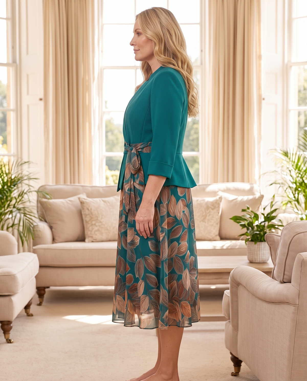 Compleu Feminin Turcoaz cu Fustă Florală și Sacou Elegant 💐