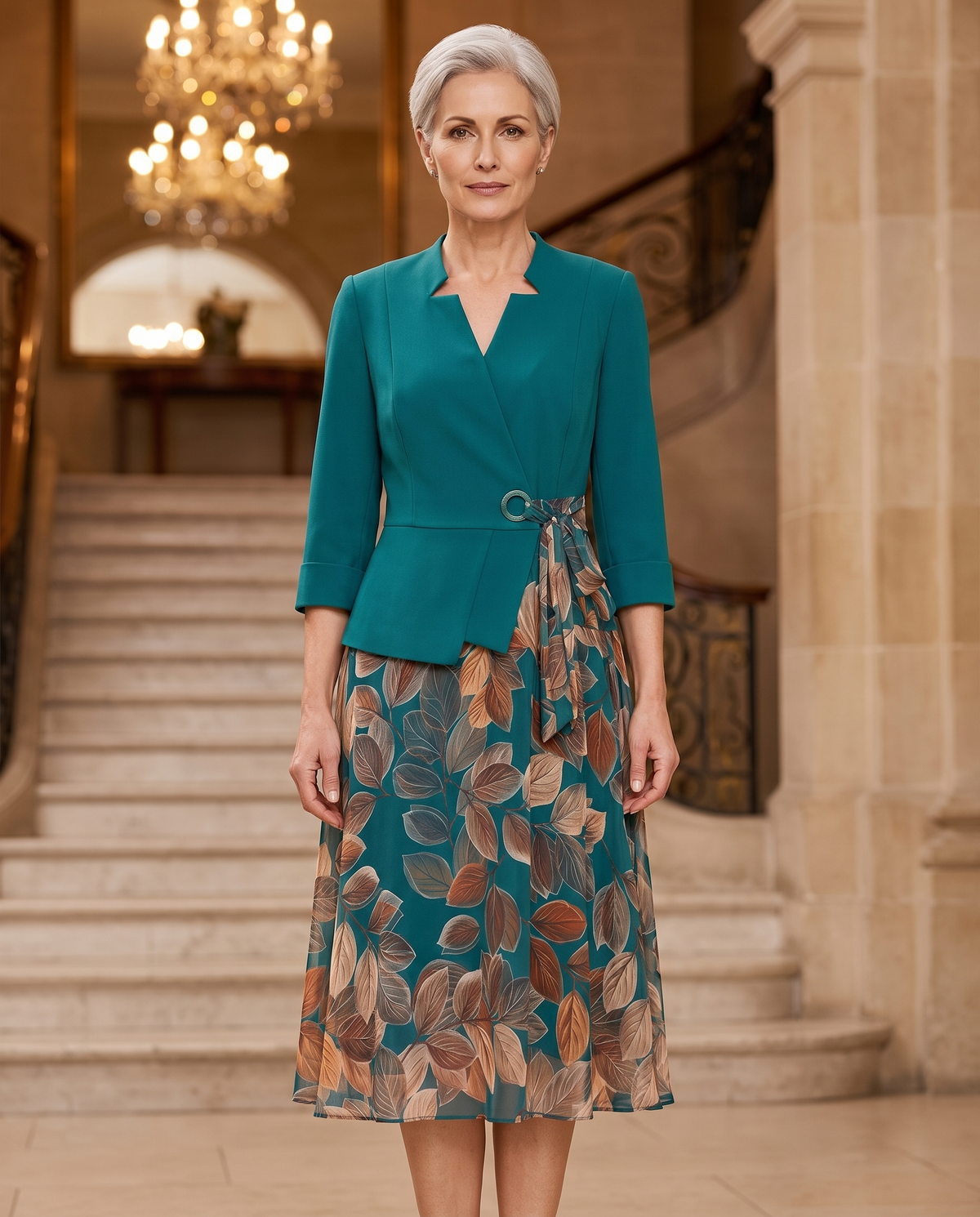 Compleu Turcoaz cu Fustă Florală și Sacou – Ținută Elegantă pentru Doamne 🌷