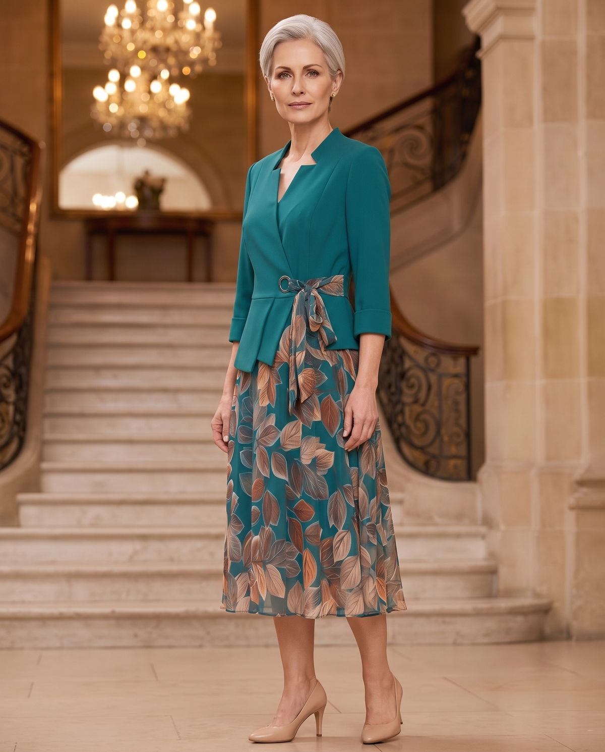 Compleu Turcoaz cu Fustă Florală și Sacou – Ținută Elegantă pentru Doamne 🌷