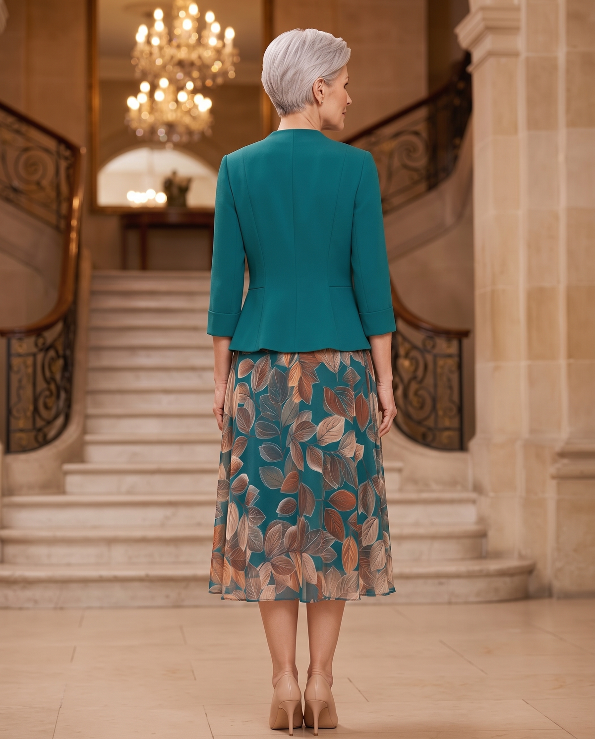 Compleu Turcoaz cu Fustă Florală și Sacou – Ținută Elegantă pentru Doamne 🌷