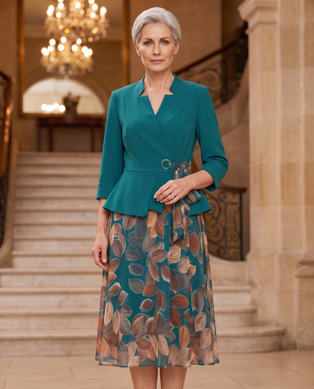 Compleu Turcoaz cu Fustă Florală și Sacou – Ținută Elegantă pentru Doamne 🌷