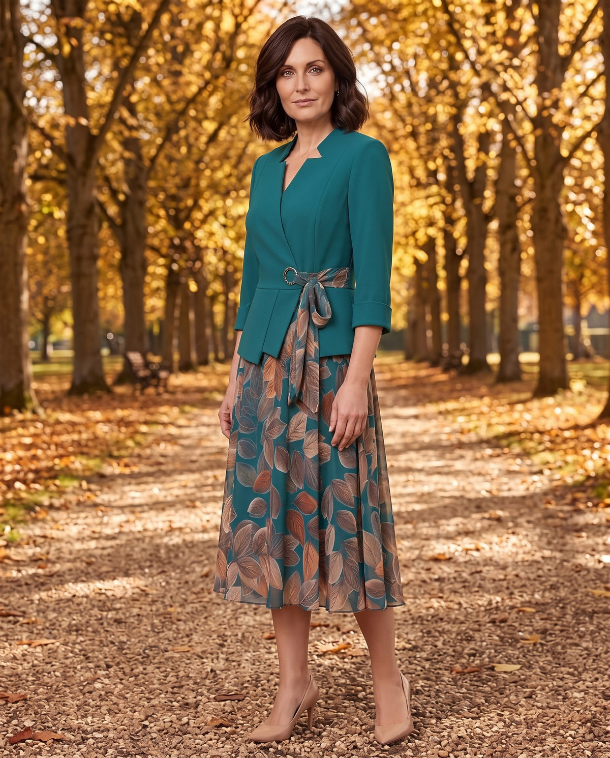 Compleu de Damă Turcoaz cu Fustă cu Imprimeu Floral și Sacou 👗